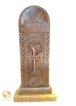 Carved sculpture khachkar with cross on walnut wood